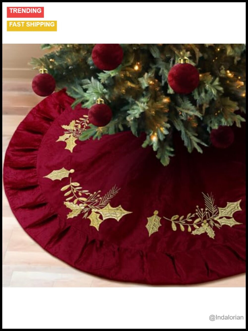 72" Velvet Christmas Tree Skirt Gold Holly Embroidered Holiday Decor